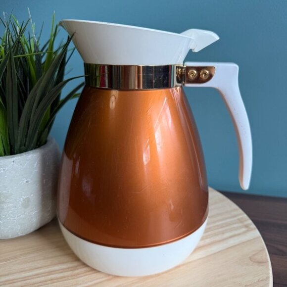 Vintage West Bend Thermo Serv Coffee Carafe Insulated Pitcher Copper & White - Picture 1 of 12